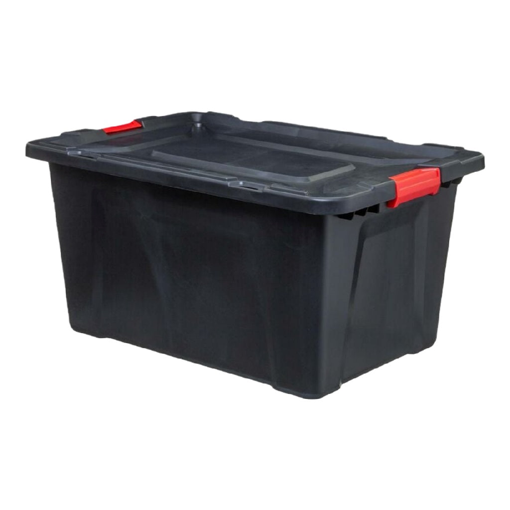 Caja de almacenamiento plástica con tapa y cierres rojos, 50 L