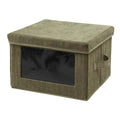 Caja de almacenamiento de tela con ventana transparente y manijas, color verde oliva