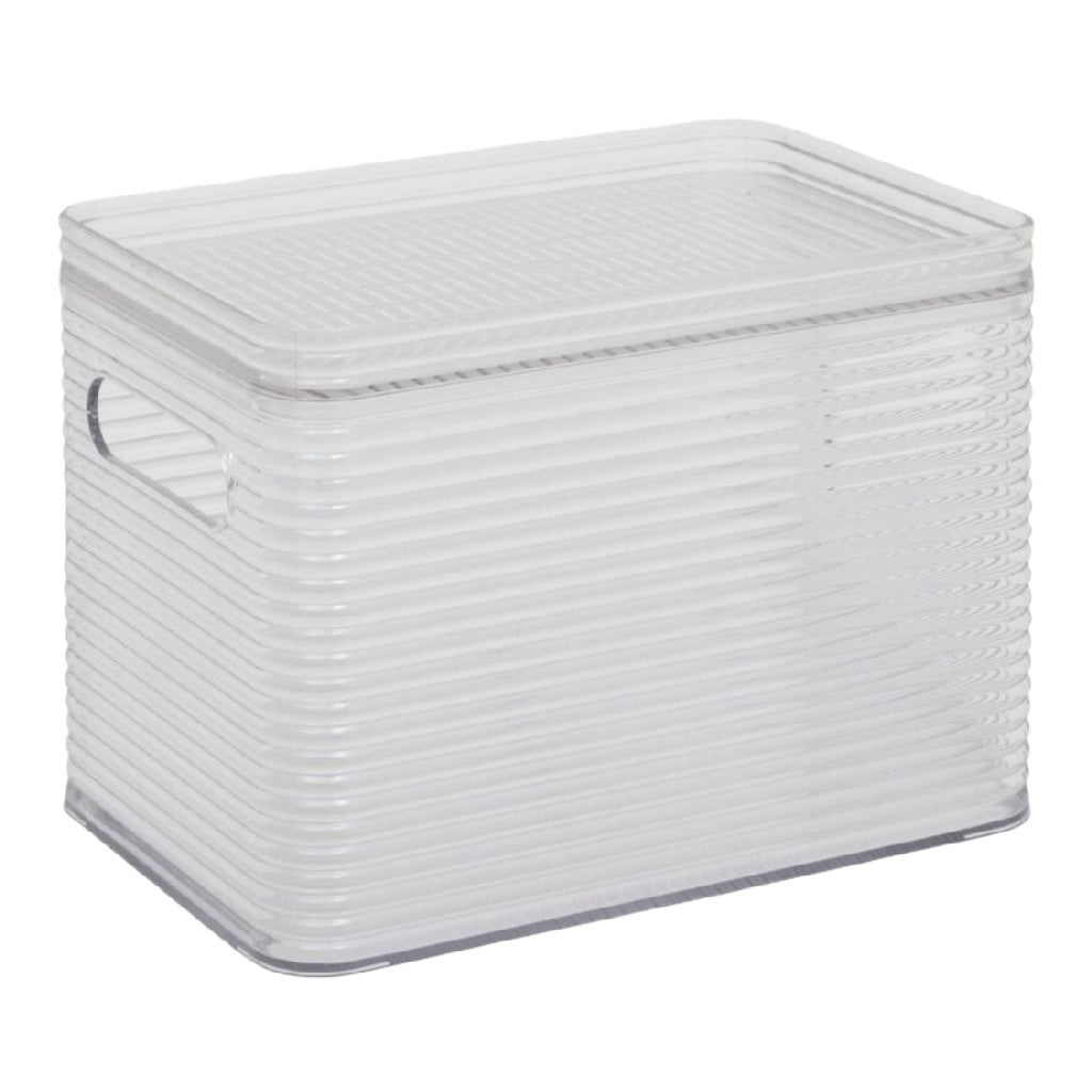 Caja de almacenamiento translúcida con tapa y asas laterales, plástico